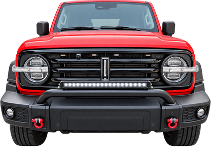 Red GWM Tank 300 with steel nudge bar and a 20 inch LED light bar mounted across the front