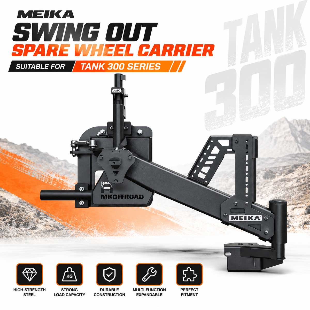 MEIKA swing out spare wheel carrier for GWM Tank 300 in black powder-coated Q500 steel