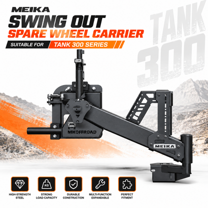 MEIKA swing out spare wheel carrier for GWM Tank 300 in black powder-coated Q500 steel