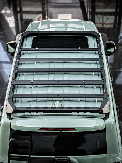 Close-up of the MK Optimus roof rack slats and crossbars mounted on a green GWM Tank 300