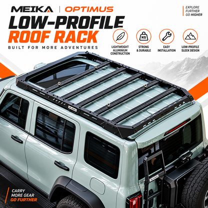 MK Optimus low-profile roof rack fitted to a light green GWM Tank 300, rear three-quarter view