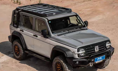 MK Optimus roof rack on a silver GWM Tank 300, front three-quarter view on gravel