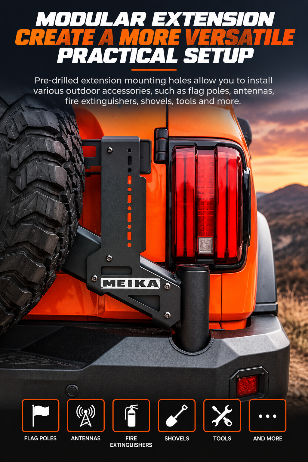 MEIKA modular extension panel with pre-drilled holes for flag pole, antenna, fire extinguisher and shovel