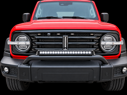 Red GWM Tank 300 with nudge bar and 20 inch LED light bar, front-on view
