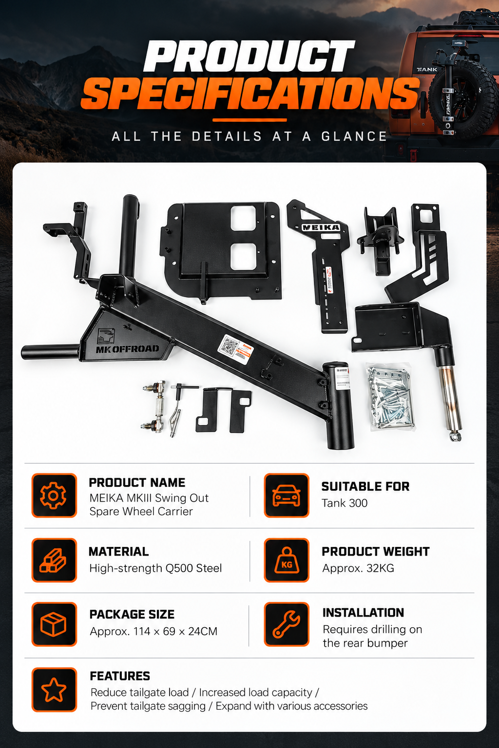 MEIKA MKIII swing out spare wheel carrier specifications - Q500 steel, 32kg, Tank 300 fitment and parts kit