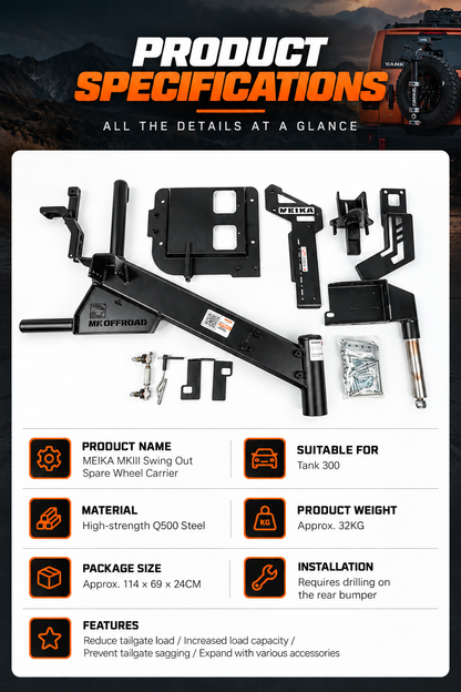 MEIKA MKIII swing out spare wheel carrier specifications - Q500 steel, 32kg, Tank 300 fitment and parts kit