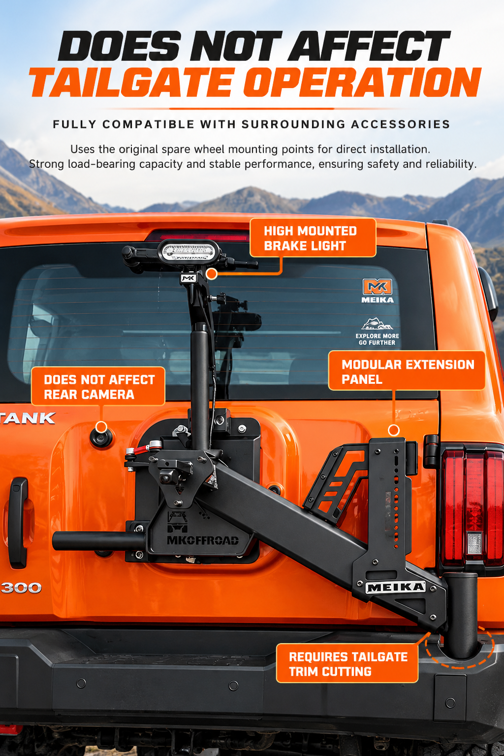 MEIKA swing out spare wheel carrier fitted to an orange GWM Tank 300, showing rear camera clearance and modular extension panel
