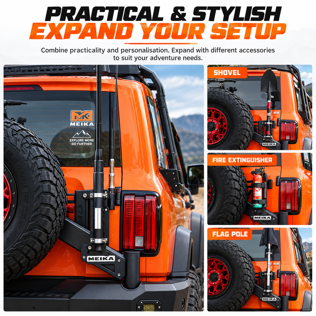 GWM Tank 300 swing out carrier fitted with UHF antenna, shovel, fire extinguisher and flag pole