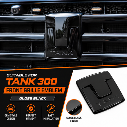 Gloss black front grille emblem cover fitted to a GWM Tank 300