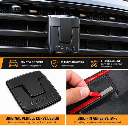 GWM Tank 300 grille emblem cover with 3D embossed design and built-in adhesive tape, no drilling required