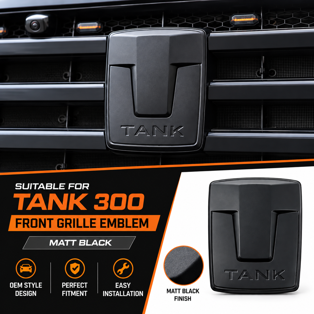 Matte black front grille emblem cover fitted to a GWM Tank 300