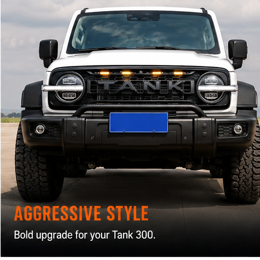 Matte Black LED Front Bumper Grille with Gloss Black TANK Lettering for GWM Tank 300 2023–Current — view 2