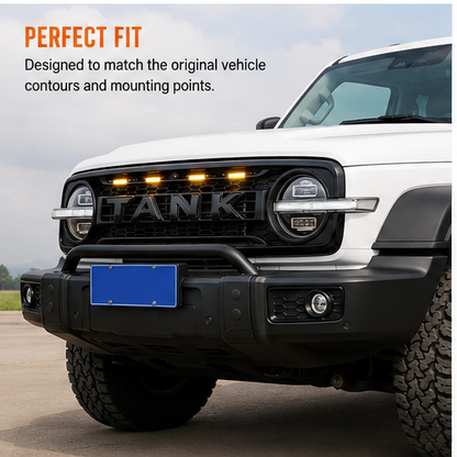 Matte Black LED Front Bumper Grille with Gloss Black TANK Lettering for GWM Tank 300 2023–Current — view 3