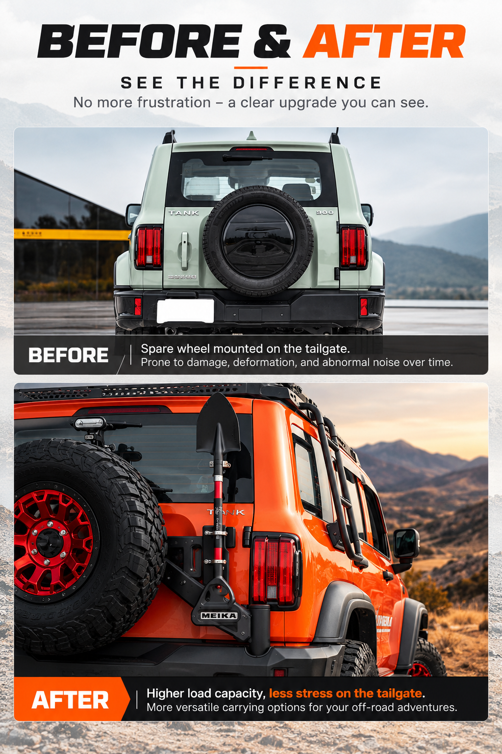 Before and after: GWM Tank 300 factory tailgate spare vs MEIKA swing out spare wheel carrier