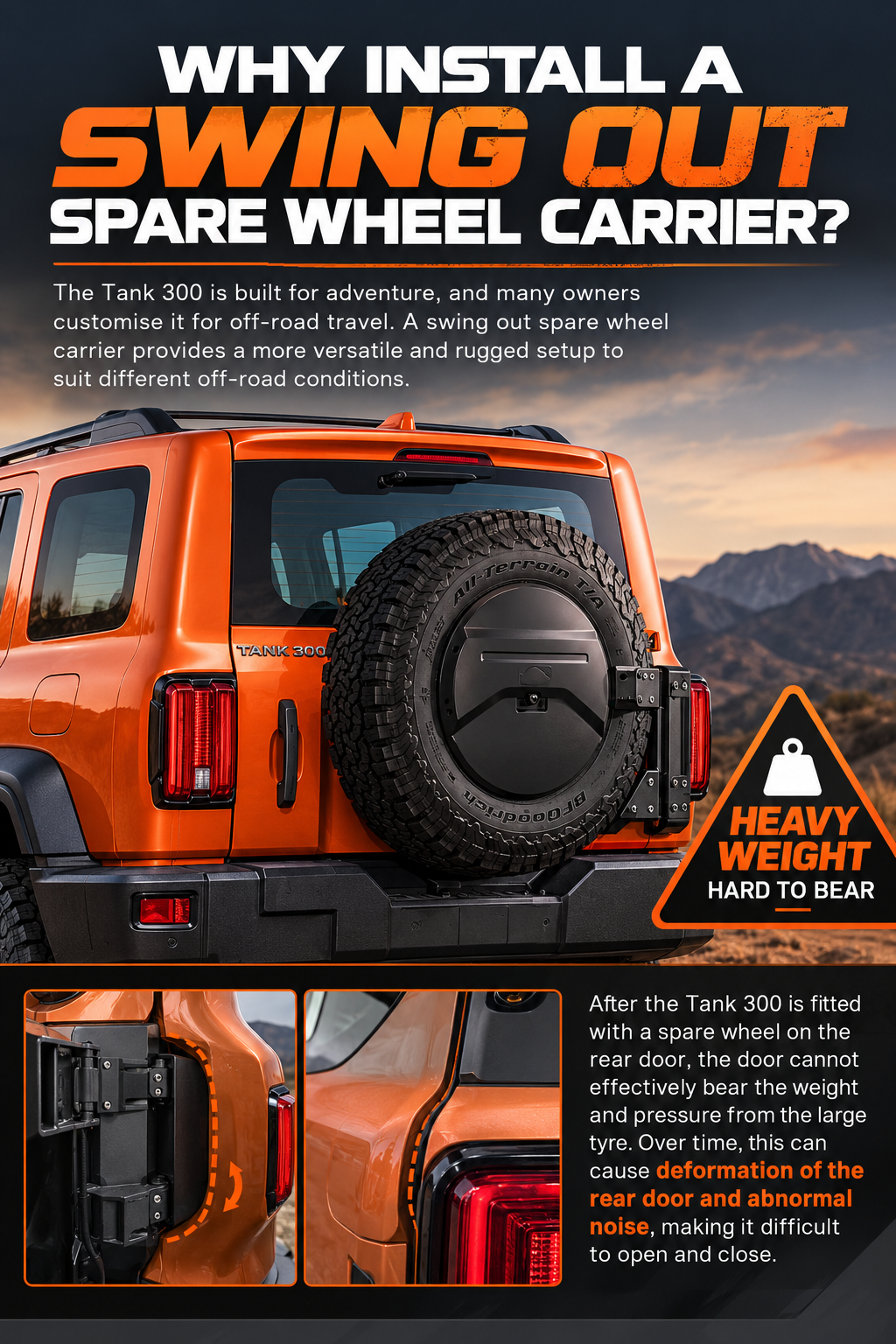Why fit a swing out spare wheel carrier to a GWM Tank 300 - factory tailgate spare causes door sag and noise