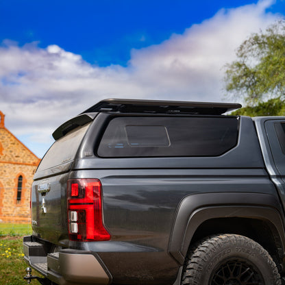 Rear view of the Maxliner Venture Canopy on a Mitsubishi Triton MV