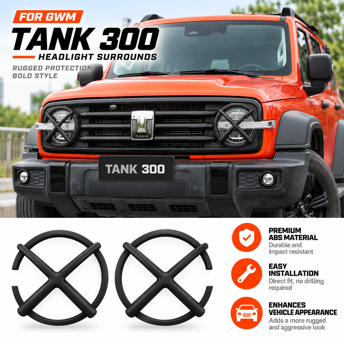 Matte black X-style headlight surrounds fitted to a red GWM Tank 300, shown with the ABS covers