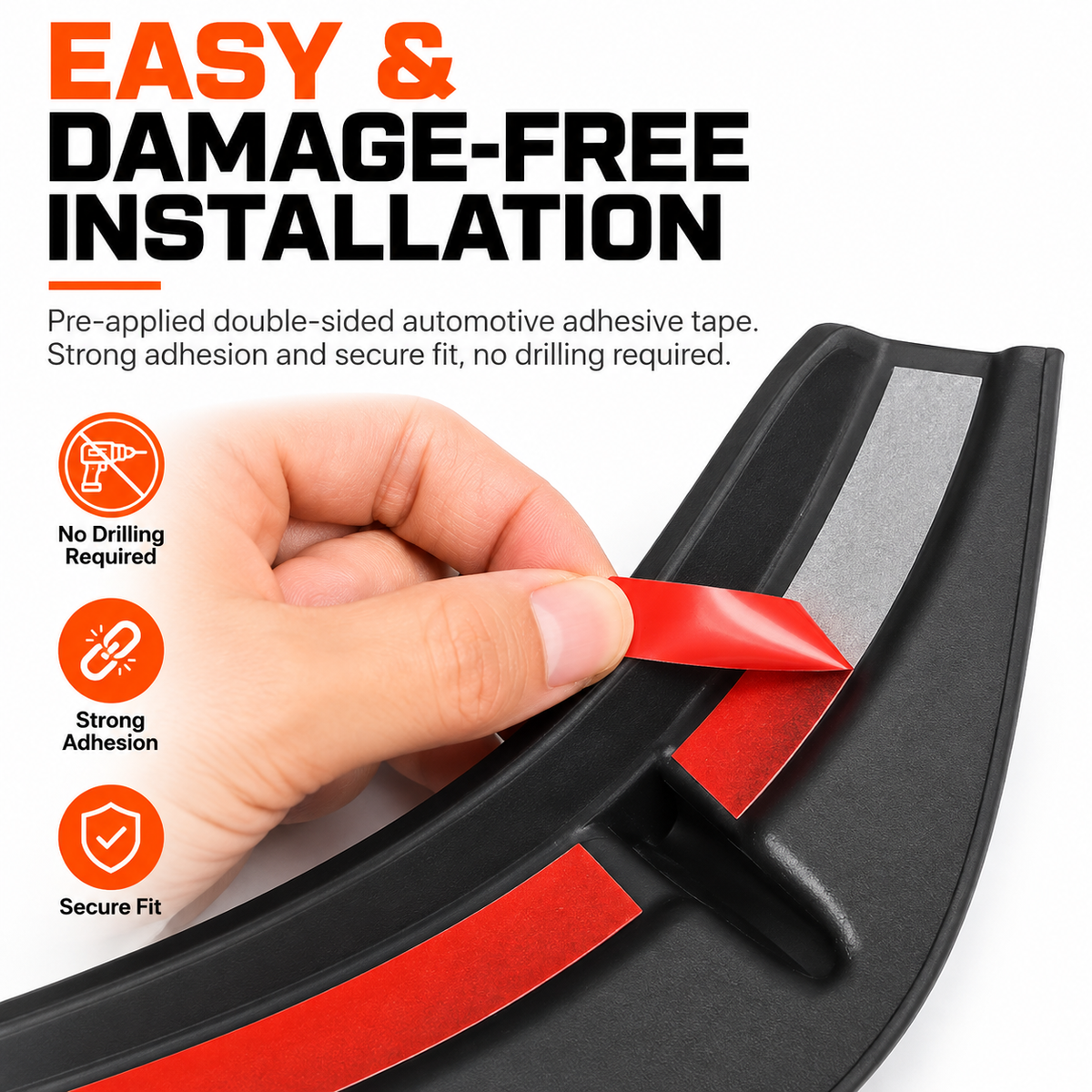 Pre-applied double-sided adhesive tape on a GWM Tank 300 headlight cover, no drilling required