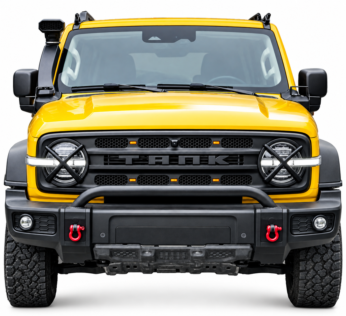 Matte black headlight surrounds fitted to a yellow GWM Tank 300, front view