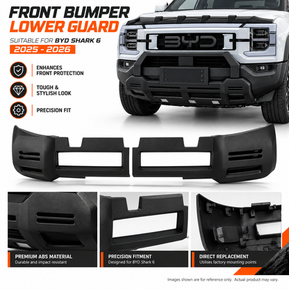 BYD Shark 6 front bumper lower guard in matte black ABS, showing the two-piece design and precision fitment