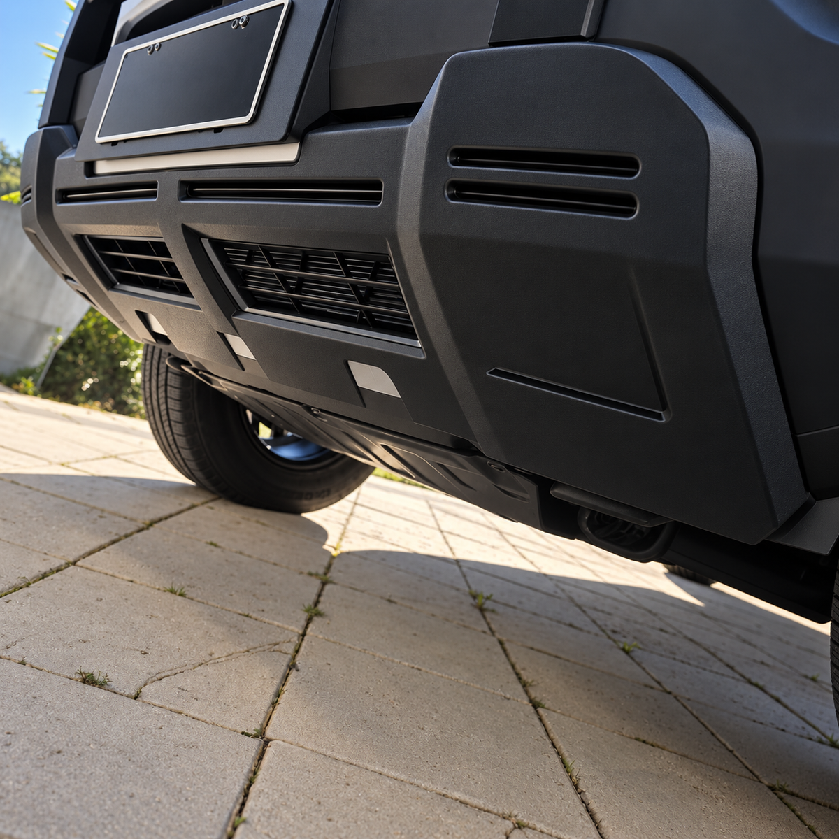 Close-up of the matte black lower guard fitted along the bottom edge of a BYD Shark 6 front bumper