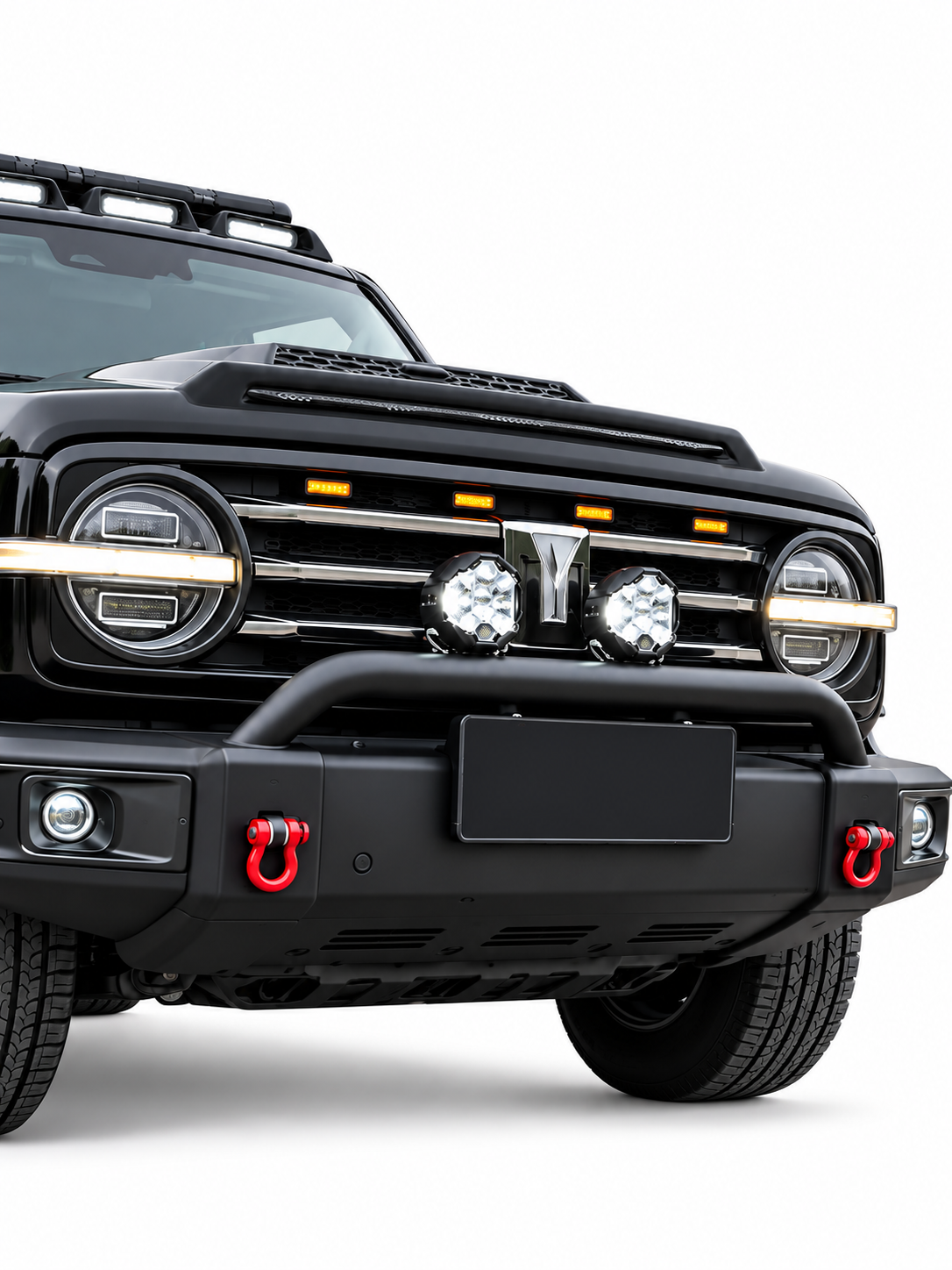 GWM Tank 300 nudge bar installed with two LED spot lights, front three-quarter view
