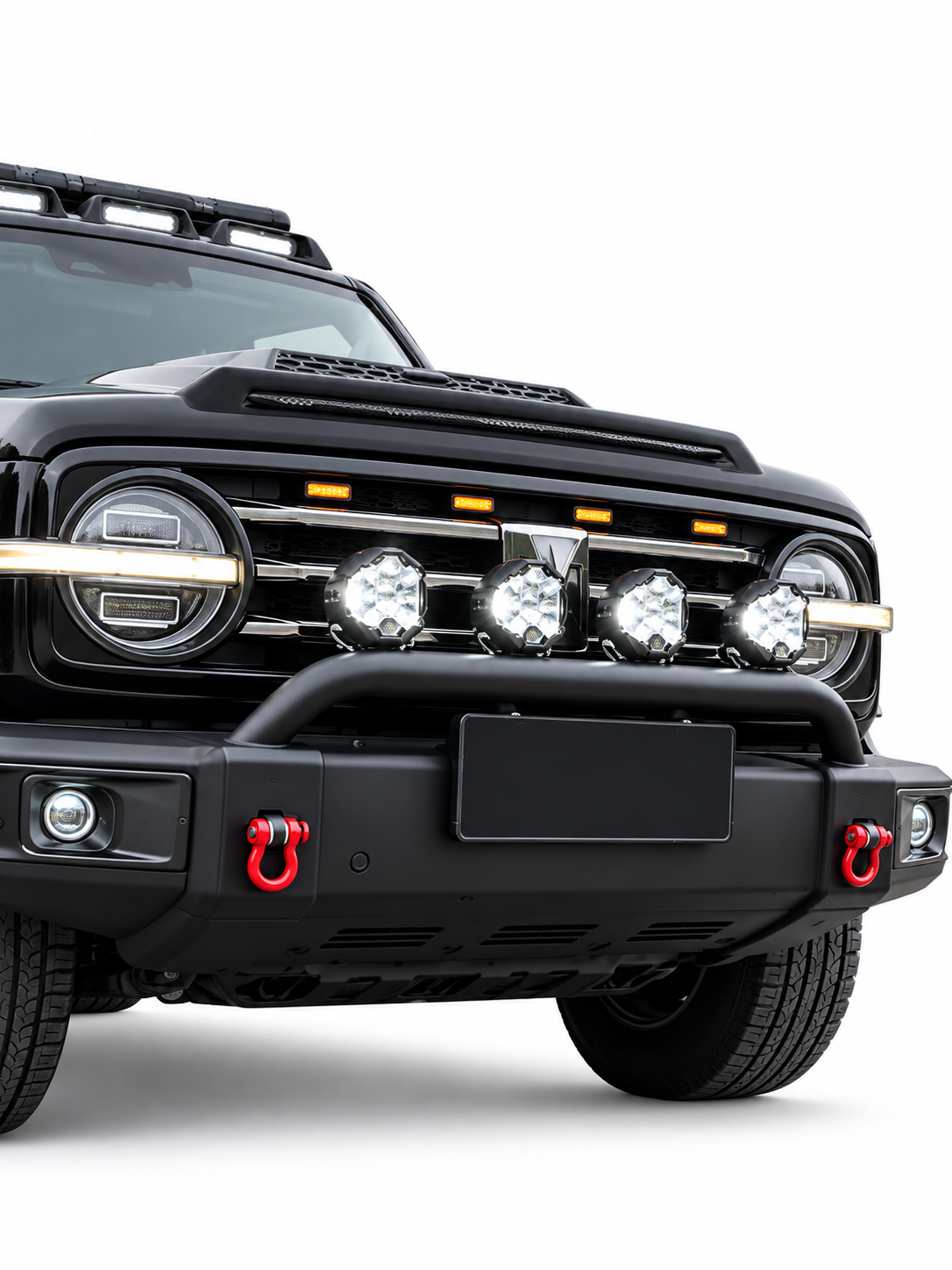 GWM Tank 300 nudge bar fitted with four LED spot lights, front close-up