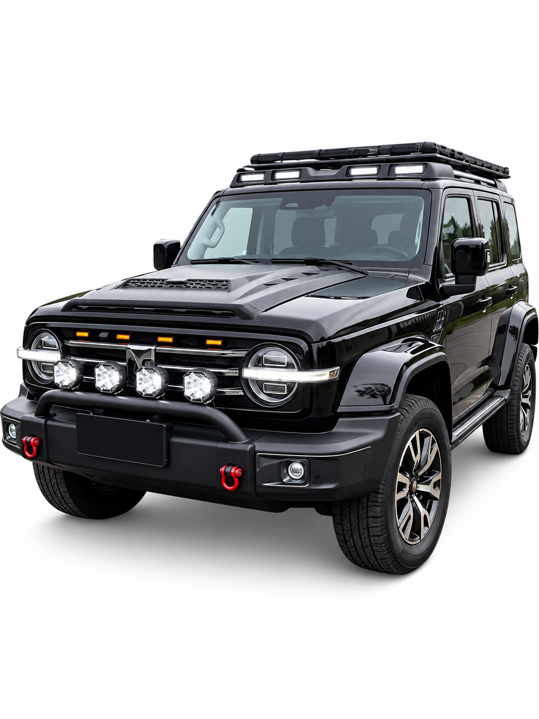 Black GWM Tank 300 fitted with nudge bar, four LED spot lights and a roof platform