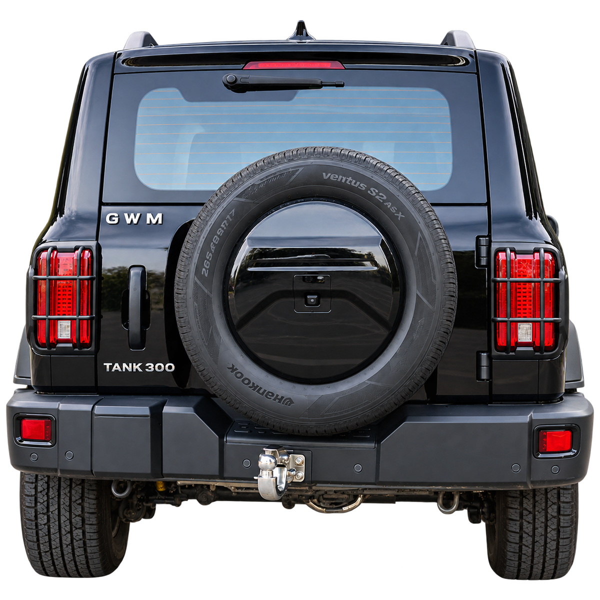 Rear view of a black GWM Tank 300 with matte black tail light guards fitted