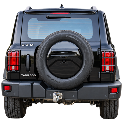 Rear view of a black GWM Tank 300 with matte black tail light guards fitted