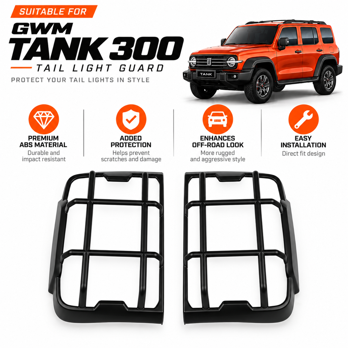Matte black tail light guards for the GWM Tank 300 shown with a red Tank 300 and the ABS covers