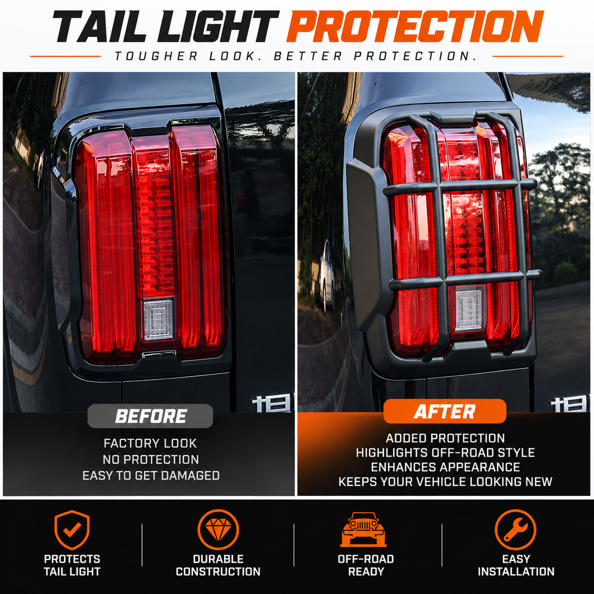 Before and after comparison of a GWM Tank 300 tail light with and without the matte black guard