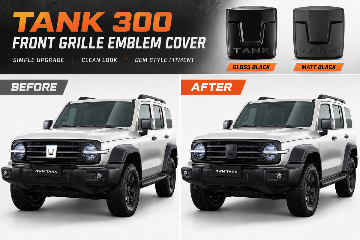 GWM Tank 300 front grille emblem cover in gloss black and matte black, before and after comparison