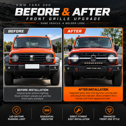 Before and after comparison of a GWM Tank 300 front grille with the LED illuminated logo kit