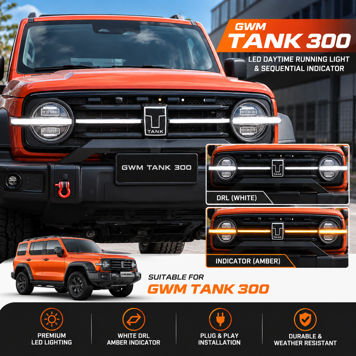 GWM Tank 300 with LED daytime running light in white and sequential indicator in amber