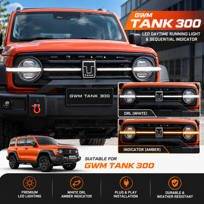 GWM Tank 300 with LED daytime running light in white and sequential indicator in amber
