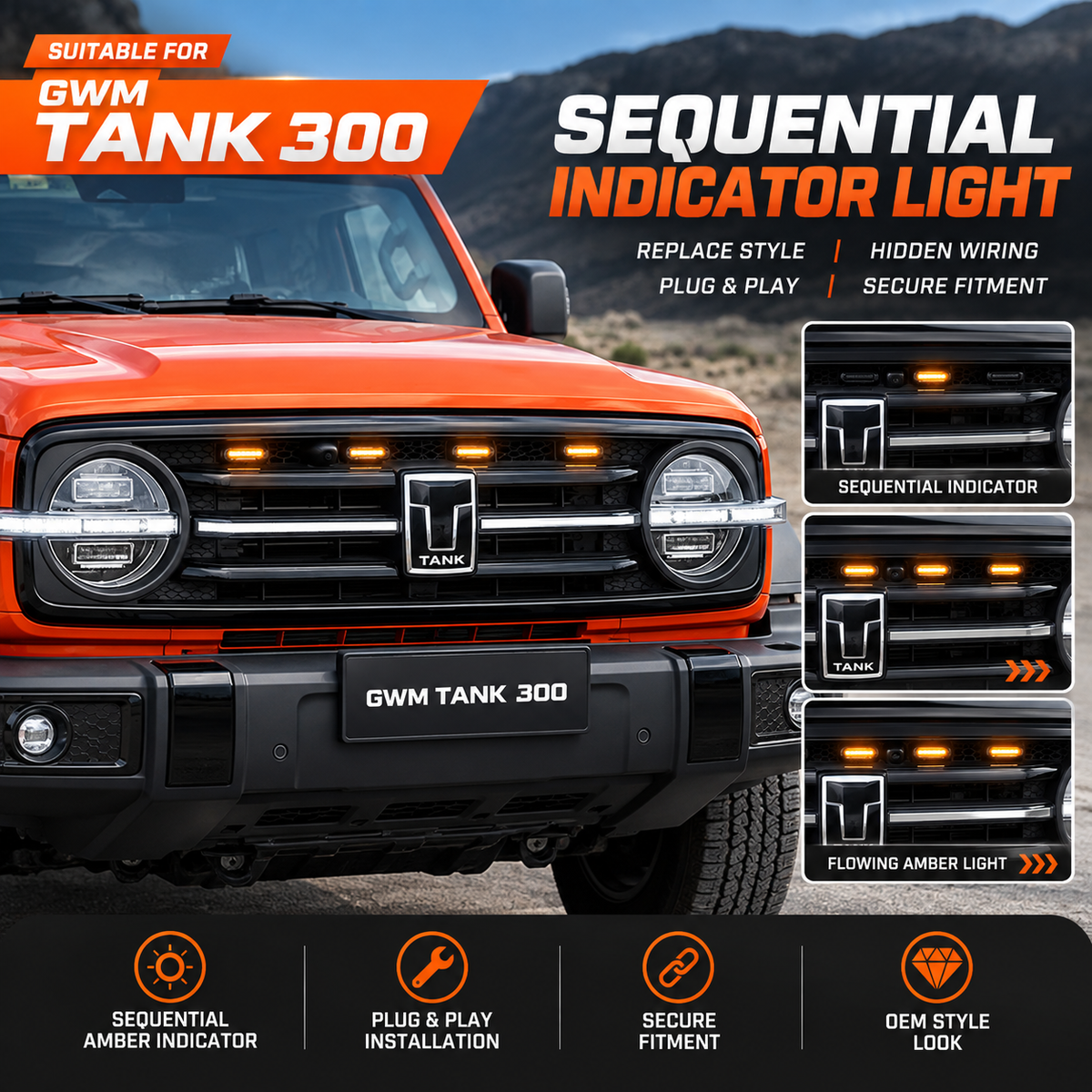 Sequential amber indicator light sequence on a GWM Tank 300 front grille
