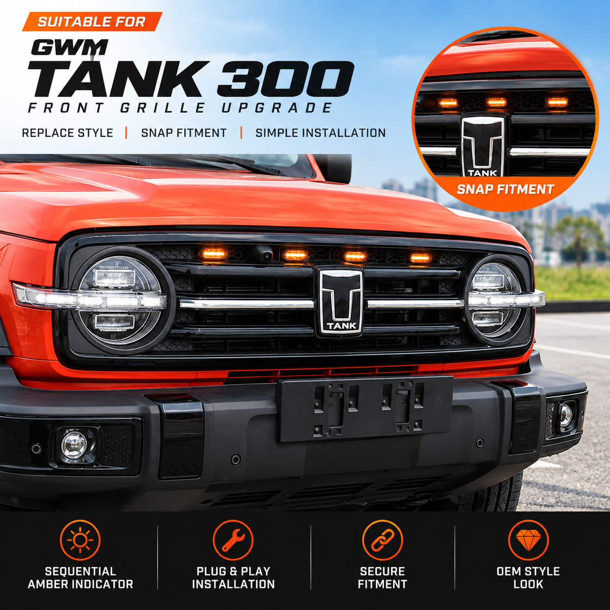 GWM Tank 300 front grille upgrade with snap-fit LED emblem and sequential amber indicators