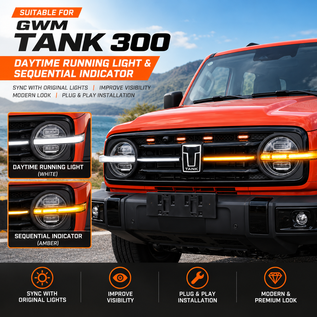 GWM Tank 300 LED daytime running light and sequential amber indicator in the front grille