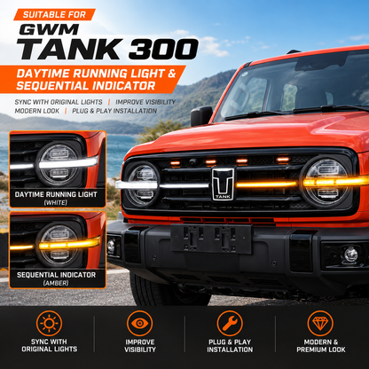 GWM Tank 300 LED daytime running light and sequential amber indicator in the front grille